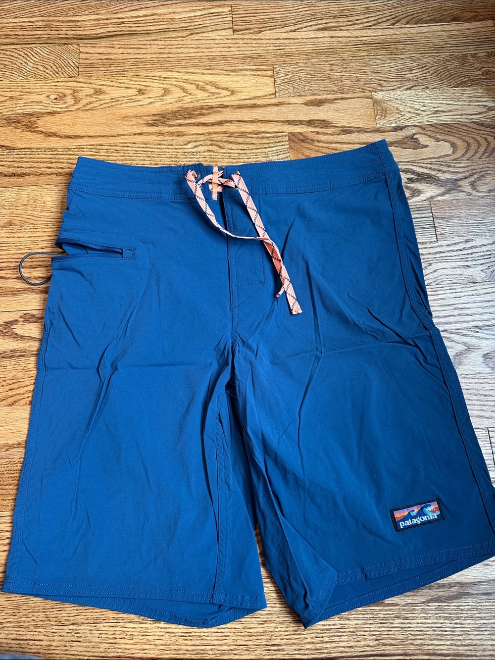 Patagonia Navy Swim Board Shorts with Coral Tie